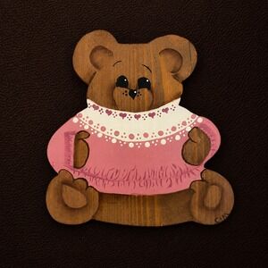 Vintage Hand Painted Wooden Teddy Bear Plaque Pink Heart Dress Folk Art Decor
